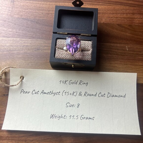 Vintage 14K gold ring with huge pear cut amethyst and accent diamond size 8 - Picture 3 of 8